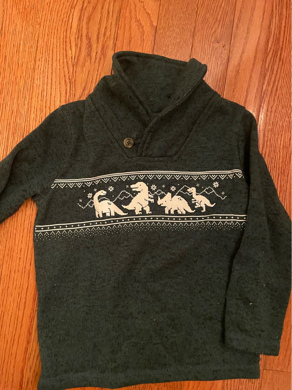 jumping beans dark green sweater with white dinosaur fair isle